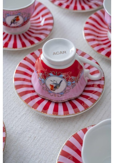 Acar Syt-08596 Birdie Pembe 6'lı Kahve Fincan Takımı Pembe