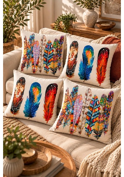 4'lü Set Bohem Etnik Tüy Motifli Dekoratif Kırlent Kılıfı 43x43 Cm - Renkli Dijital Baskılı Salon Yastık Kılı Diğer
