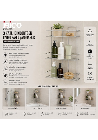 İbico K13-016 Banyo Köşelik Duşakabin Rafı Ve Şampuanlık 3 Katlı Dikdörtgen - Krom Metal- 12'li Paket Diğer
