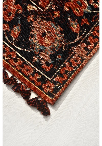 Narvi Nostaljik Kilim Saçaklı Robot Süpürge Uyumlu Oturma Odası Salon Kolay Temizlenebilir Pamuk Akrilik Hali Kiremit - Siyah