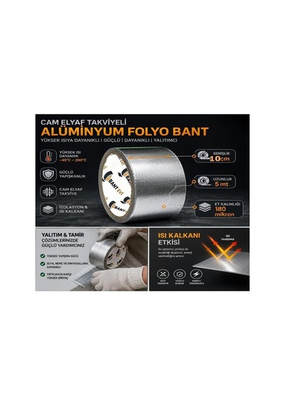 Evi Cam Elyaf Takviyeli Alüminyum Bant 10cmx5m 200c Yüksek Isıya Dayanıklı Tamir Bandı 10cm X 5metre