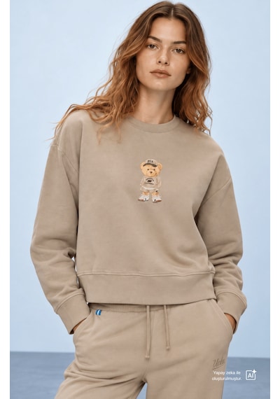 UCLA Cardı Bej Baskılı Pamuk Bisiklet Yaka Loose Fit Kadın Sweatshirt