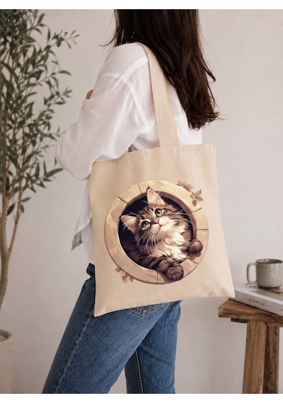 Lunora Collectıon Kedi Baskılı Ham Bez Çanta Ham Renk