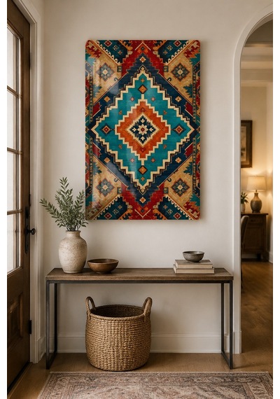 Türk Halı Desenli Baskılı Cam Tablo Boho Modern Dekoratif Duvar Tablosu