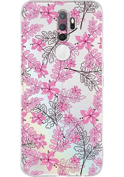 Oppo A5 2020 Uyumlu Kamera Korumalı Floral Pembe Tasarımlı Şeffaf Silikon Kılıf