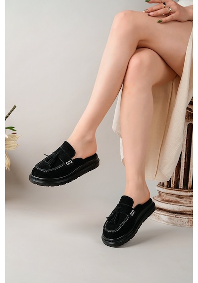 Bahrina Kadın Siyah Süet Loafer Püsküllü Terlik Siyah Süet
