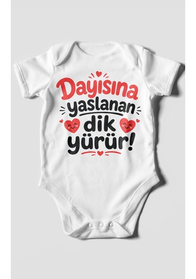 Morivokids Dayısına Yaslanan Dik Yürür Kısa Kollu Bebek Body %100 Pamuk Zbn254-kk Beyaz