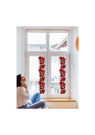 Kırmızı Gül Desenli Şeffaf Malzeme Çift Yönlü Cam Sticker, Cam Süsü Dekorasyonu, Pencere Dekoru Kır