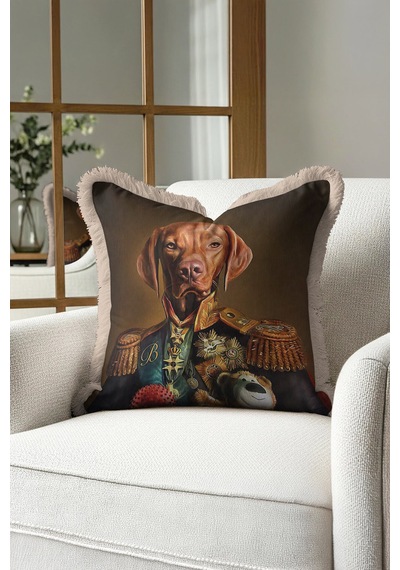 General Portre Köpek Saçaklı Yastık Kılıfı-hayvan Portreli Kahverengi Krem Püsküllü Kırlent Kılıfı Çok Renkli