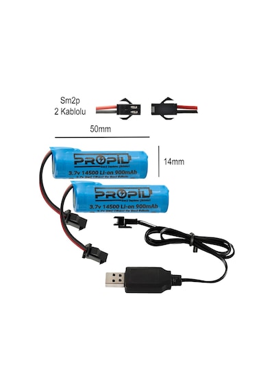 2 Adet 3.7v 14500 Li-ion Oyuncak Pili + Usb Şarj Cihazı Sm2p Soketli Set