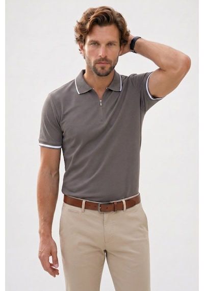 Tudors Erkek Slim Fit Dar Kesim %100 Pamuk Jakarlı Düz Yaka Ve Kol Detaylı Gri Polo Yaka Tişört-50216