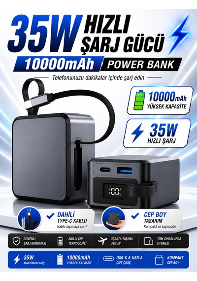 10000mah 35w Hızlı Şarj Powerbank Lcd Ekran 1x Usb + 1x Type-c Type-c Kablolu Çıkışlı Açık Gri