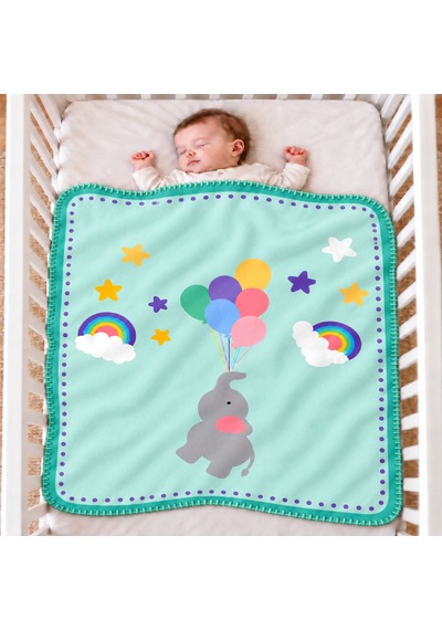 Uçan Fil ve Gökkuşağı Serisi Çoban Dikişli %100 Polar Bebek Battaniyesi 80x100 CM Oeko-tex Mint Yeşili