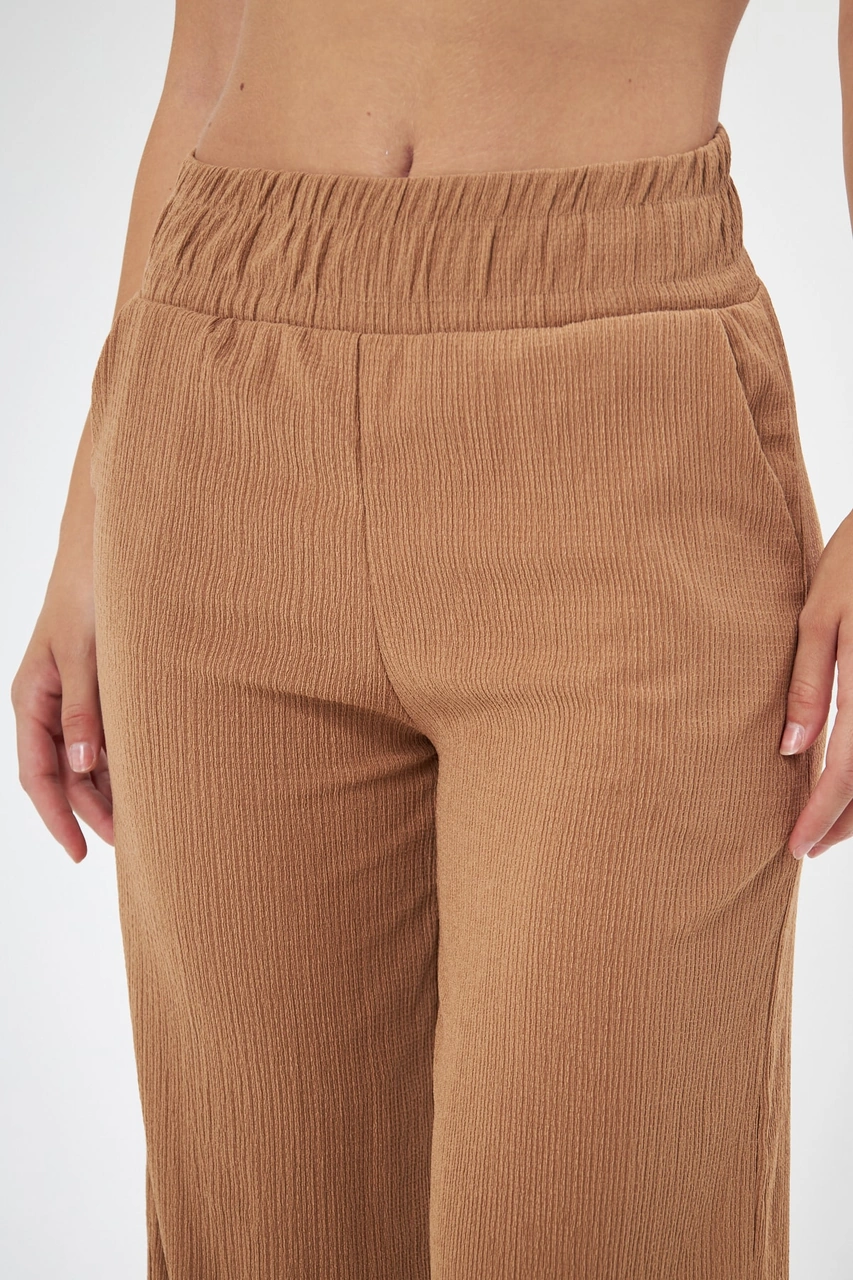 Kahverengi Beli Lastikli Bol Paça Çift Cepli Yüksek Bel Bürümcük Örme Kadın Pantolon Camel