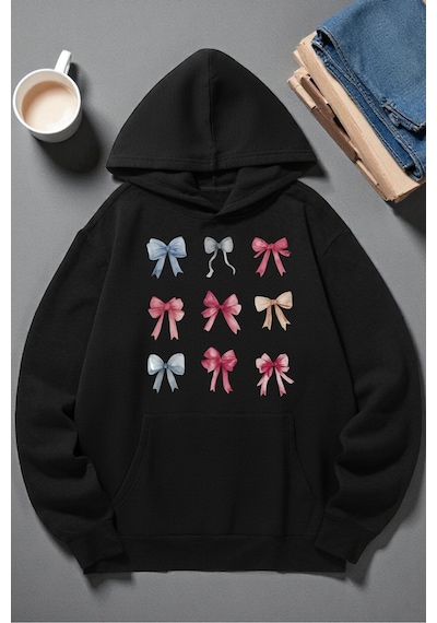 Uyguntarz Unisex Renkli Kurdele Baskılı Kapüşonlu Sweatshirt siyah