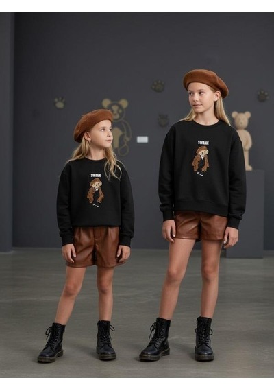 Kız Çocuk İki İplik Ayıcık Nakışlı Tasarım Sweatshirt-16467 Siyah