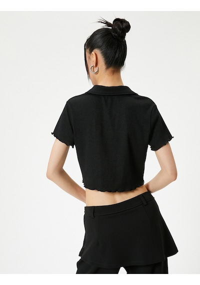Koton Crop Polo Tişört Kısa Kollu Slim Fit Siyah 4sal10802ık Siyah