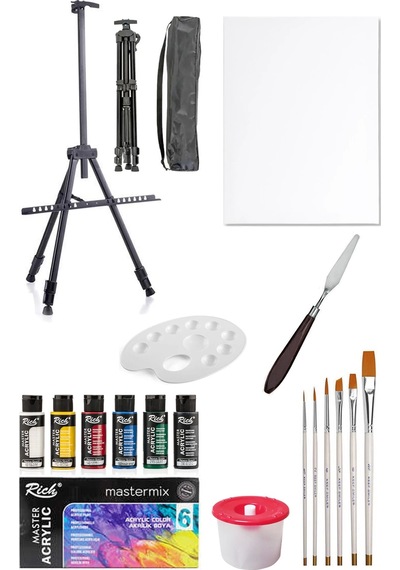 Rich Mastermix Akrilik Boya Seti 6 Ana Renk 3 Ayaklı Metal Şövale 35x50 Tuval Metal Spatula Seti 6