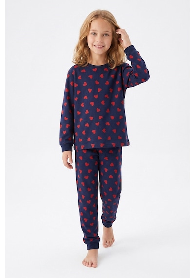 Bunny Hopp Kız Çocuk Uzun Kollu Pijama Takımı %100 Pamuk Lacivert Kırmızı Kalpli Penye
