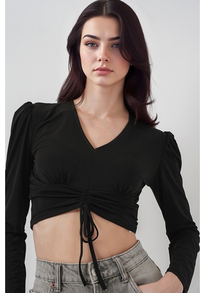 Hiccup Bdart Drapeli V Yaka Dikişli Crop Top Siyah