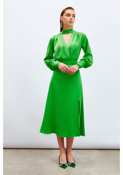 Sateen Yırtmaçlı Saten Etek - Yeşil