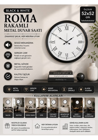 Modern 52 Cm Black & White Roma Rakamlı Metal Duvar Saati Siyah