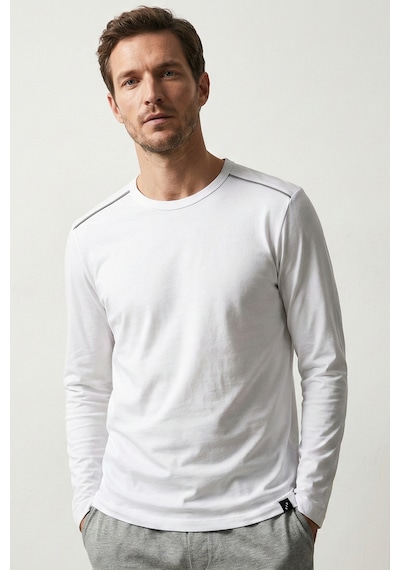 Elemge %100 Pamuk Süprem Uzun Kollu Pijama Üstü Erkek T-shirt Compact Penye Rahat Kalıp Tok Kumaş Beyaz