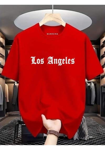 Los Angeles Baskılı Oversize Tişört Kirmizi