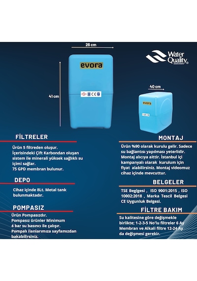 8 Lt Metal Tanklı Çift Karbonlu Kapalı Kasa Pompasız Mavi Su Arıtma Cihazı