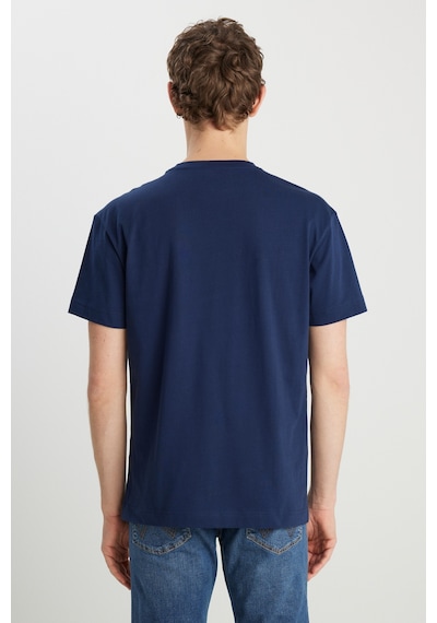 %100 Pamuk Relaxed Fit Geniş Kesim Bisiklet Yaka Minimal Logo Lacivert Tişört NAVY