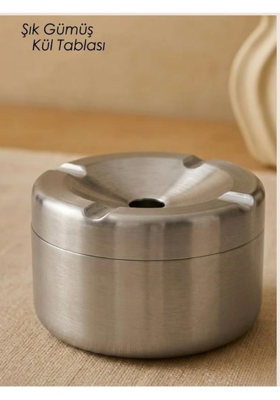 Gümüş Kapaklı Kokusuz Paslanmaz Metal Küllük Modern Ve Şık Tasarım