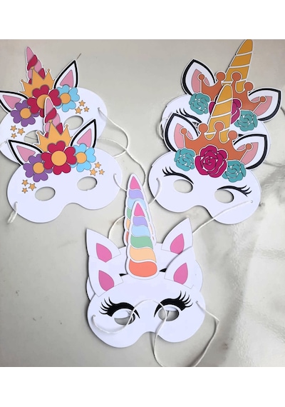 6 Adet Unicorn Tek Boynuzlu At Konsept Kağıt Parti Maskesi Unicorn Doğum Günü Süsü