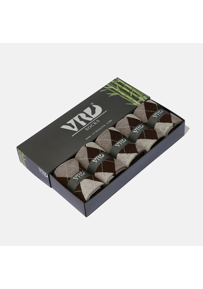 Dikişsiz Bambu Çorap Baklava Desenli Kahve Renk Erkek Çorap Kutulu 5 Çift Premium Uzun Çorap Soket Çorap Bambu Mix Kahverengi