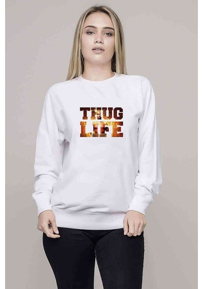 Rap Hiphop 2Pac Thug Life Baskılı Beyaz Kadın Sweatshirt