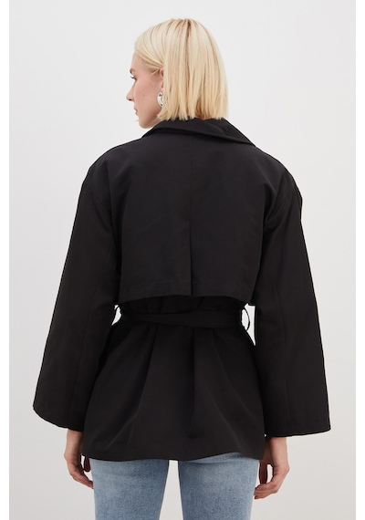 Fullamoda Pelerinli Kuşaklı Geniş Kol Oversize Trençkot Siyah