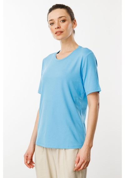 Kadın Sıfır Yaka Basic Penye T-shirt Mavi Mavi