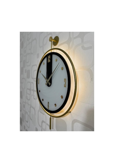 Pey Aksesuar Metal 40x60 Camlı Duvar Saati Işıklı Gerçek Cam Duvar Saati Modern Tasarım Gold-beyaz