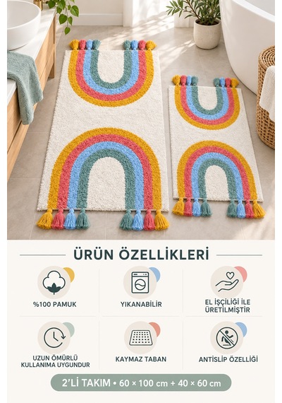 Alanur Bodrum Tufting Gökkuşaği Cotton Pamuklu El Işi Örgülü 2 Li Paspas Set Renkli