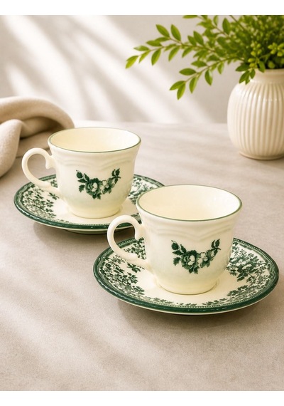 2 Kişilik Porselen Velour Green Çay Fincanı-5925 Yeşil