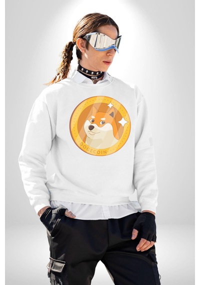 Doge Coin Unisex Beyaz Baskılı Sweatshirt Beyaz