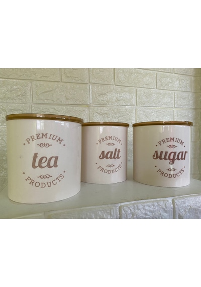 3'lü Vakumlu Kapaklı Porselen 1000 Ml Tea/salt/sugar Çay Tuz Şeker Kavanoz Seti