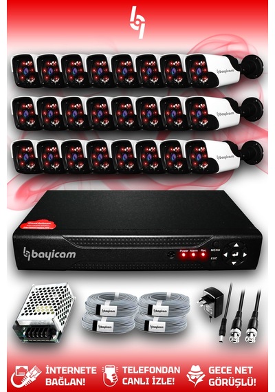 Bayicam 24 Kameralı Panda 24 Dış Kamera Set HDD'siz Full HD Gece Görüşlü Güvenlik Kamerası Sistemi