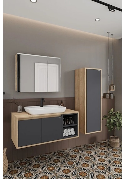 Lale 100 Cm %100 Mdf Lavabolu Banyo Dolabı + Aynalı Dolap + Boy Dolabı Antrasit