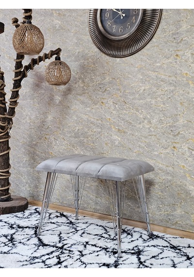 Zafir Metal Krom Tel Ayaklı 60 Cm Puf Bench - Puf - Bench - Oturak - Mutfak Oturağı - Antre Oturağı Gri