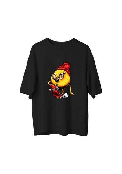Paybuy Kadın Oversize Tişört Kısa Kol Yuvarlak Yaka Cartoon Patates Skat Siyah