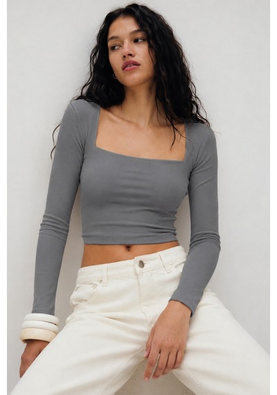 Seeh Gri Kare Yaka Uzun Kollu Kadın Body Sh206