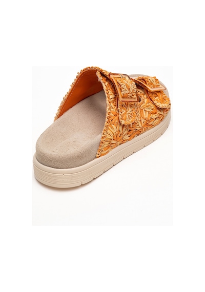 Luvishoes Luvi Shoes Mılana Turuncu Desenli Hakiki Deri Tokalı Çift Bantlı Kadın Terlik Turuncu