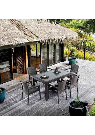 Novussi Liverno Rattan KAHVE Masa Takımı 90*150 Camlı Masa 6 Adet Kahverengi