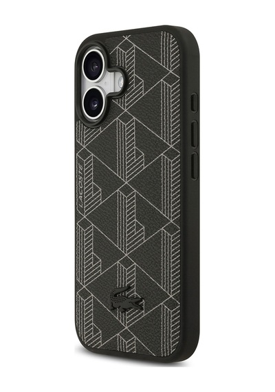 Apple Uyumlu iPhone 17 Kılıf Lacoste Lisanslı M-safeli Pu Deri Kartlıklı Karışık Monogram Desenli Siyah Siyah