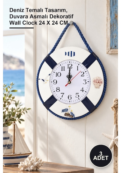 3 Adet Ahşap Marin Duvar Saati Deniz Temalı Tasarım, Duvara Asmalı Dekoratif Wall Clock 24 X 24 Cm Diğer